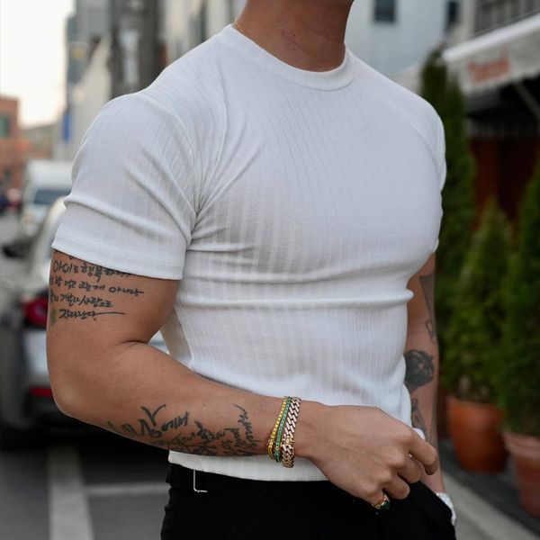 men's polos fashion solid color ribbed slim t shirts streetwear classic simple crew neck short sleeve tees summer leisure men clothes 2, White;black
men's polos fashion solid color ribbed slim t shirts streetwear classic simple crew neck short sleeve tees summer leisure men clothes 2, White;black