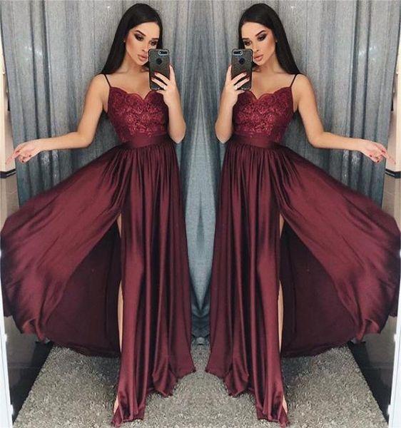 2019 maroon spaghetti straps prom dresses lace appliques a line side split elastic stain like silk formal occasion evening dr1882955, Black
2019 maroon spaghetti straps prom dresses lace appliques a line side split elastic stain like silk formal occasion evening dr1882955, Black
