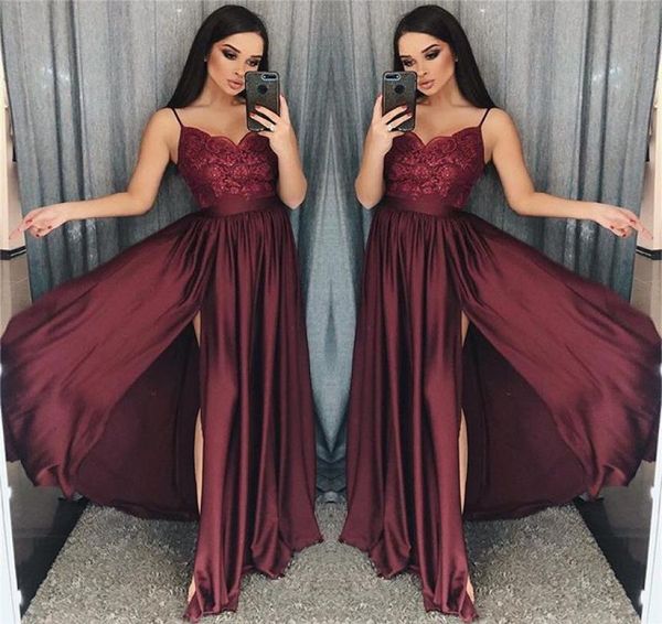 2019 maroon spaghetti straps prom dresses lace appliques a line side split elastic stain like silk formal occasion evening dr8615705, Black
2019 maroon spaghetti straps prom dresses lace appliques a line side split elastic stain like silk formal occasion evening dr8615705, Black