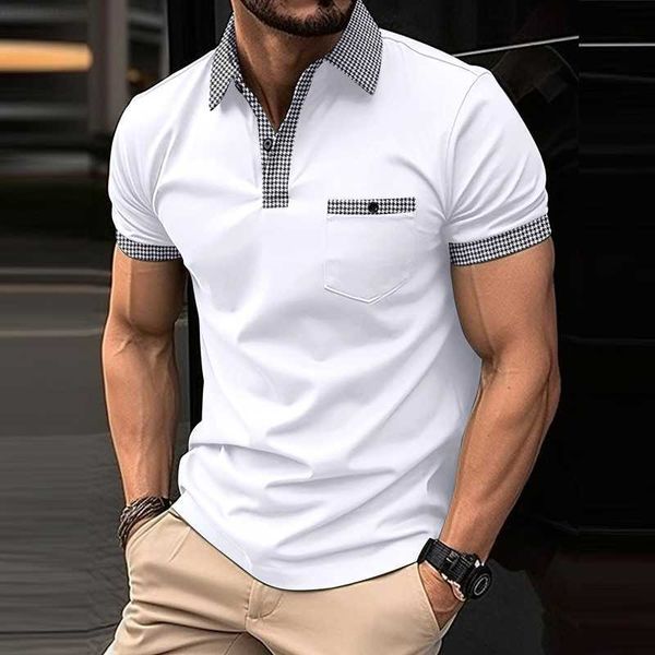 men's t-shirts 2023 summer mens polo shirts leisure short sleeve patchwork plaid print turn-down collar polo men casual buttoned pullo, White;black 
men's t-shirts 2023 summer mens polo shirts leisure short sleeve patchwork plaid print turn-down collar polo men casual buttoned pullo, White;black