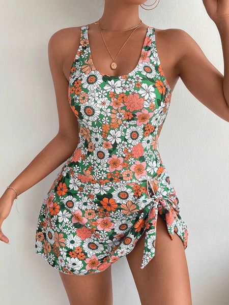 women's floral print knot side one piece swimsuit, White;black
women's floral print knot side one piece swimsuit, White;black