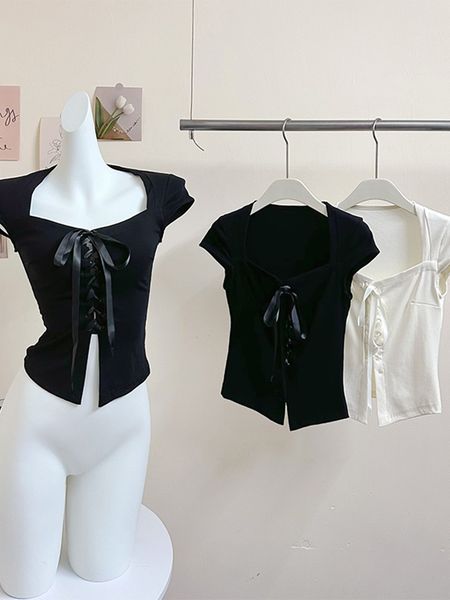 men's t shirts summer women korean fashion solid color bodycon t shirts lace up design short sleeve tees square collar stretch streetw, White;black
men's t shirts summer women korean fashion solid color bodycon t shirts lace up design short sleeve tees square collar stretch streetw, White;black
