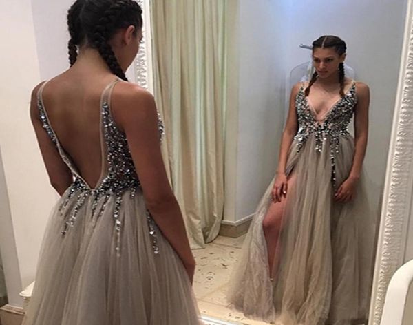 split evening dresses plunging neckline crystal prom gowns custom made tulle evening party dress real pictures backless party 3636994, Black
split evening dresses plunging neckline crystal prom gowns custom made tulle evening party dress real pictures backless party 3636994, Black