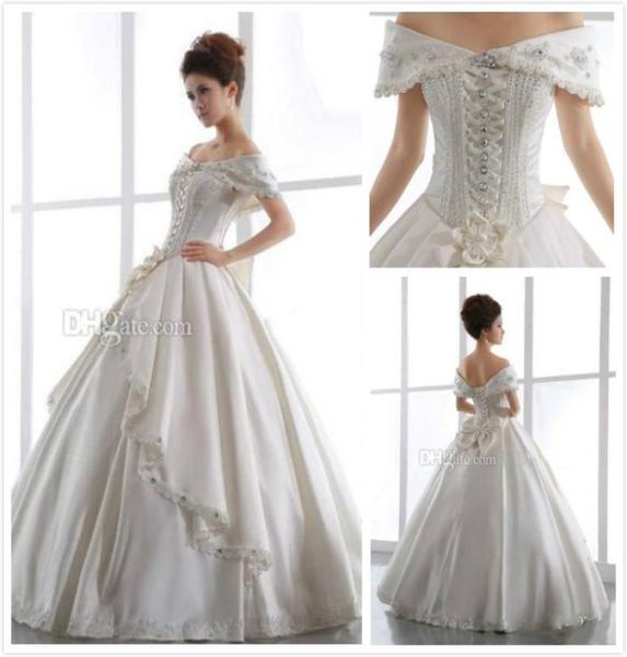 vintage ivory church wedding dresses 2015 off shoulder backless lace up beaded floor length satin ball gown sheer bridal gown bow 7230946, White
vintage ivory church wedding dresses 2015 off shoulder backless lace up beaded floor length satin ball gown sheer bridal gown bow 7230946, White