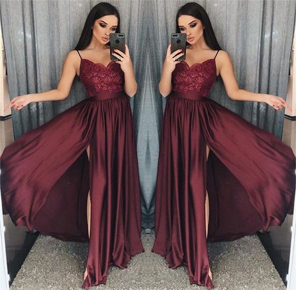 2019 maroon spaghetti straps prom dresses lace appliques a line side split elastic stain like silk formal occasion evening dr6741776, Black
2019 maroon spaghetti straps prom dresses lace appliques a line side split elastic stain like silk formal occasion evening dr6741776, Black