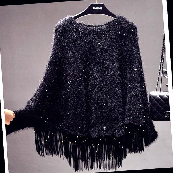 pants autumn and winter sequined tassel loose cape shawl pullover sweater thickened knitted jacket bat shirt ladies, White
pants autumn and winter sequined tassel loose cape shawl pullover sweater thickened knitted jacket bat shirt ladies, White