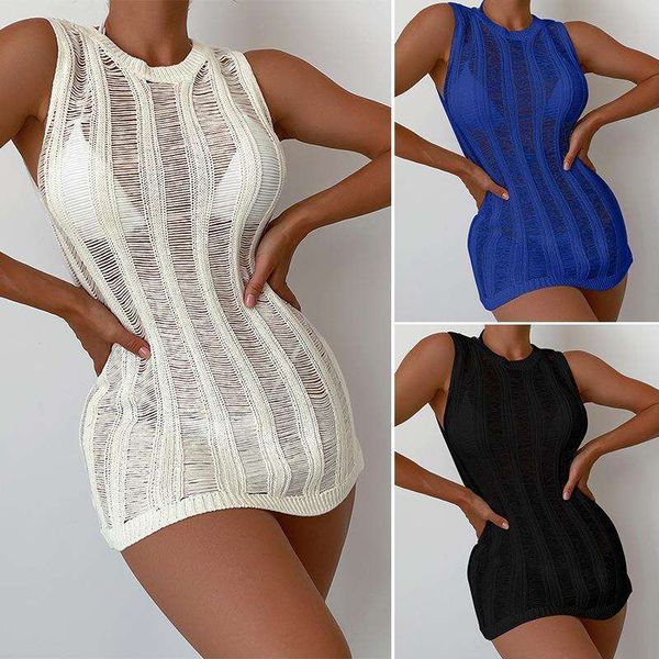 holiday solid color round neck sleeveless breathable knitted short dress beach sun protection blouse, Black;gray
holiday solid color round neck sleeveless breathable knitted short dress beach sun protection blouse, Black;gray