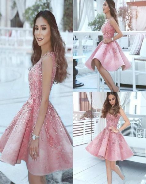 

pink vneck beading applique arabic homecoming dresses crystal african knee length short prom dress cocktail graduation party7273351, Blue;pink