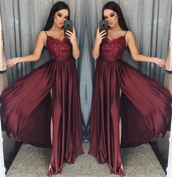 2019 maroon spaghetti straps prom dresses lace appliques a line side split elastic stain like silk formal occasion evening dr3834683, Black
2019 maroon spaghetti straps prom dresses lace appliques a line side split elastic stain like silk formal occasion evening dr3834683, Black