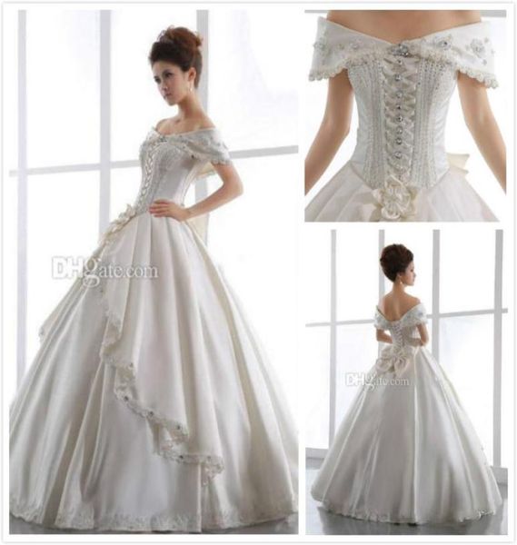 vintage ivory church wedding dresses 2015 off shoulder backless lace up beaded floor length satin ball gown sheer bridal gown bow 8485562, White
vintage ivory church wedding dresses 2015 off shoulder backless lace up beaded floor length satin ball gown sheer bridal gown bow 8485562, White