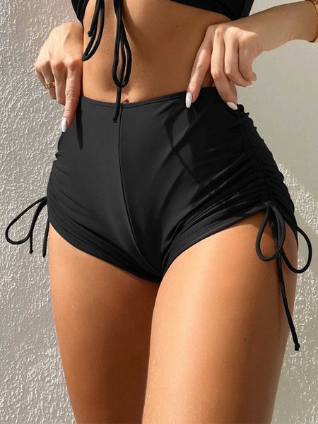 women's drawstring side bikini bottom, White;black