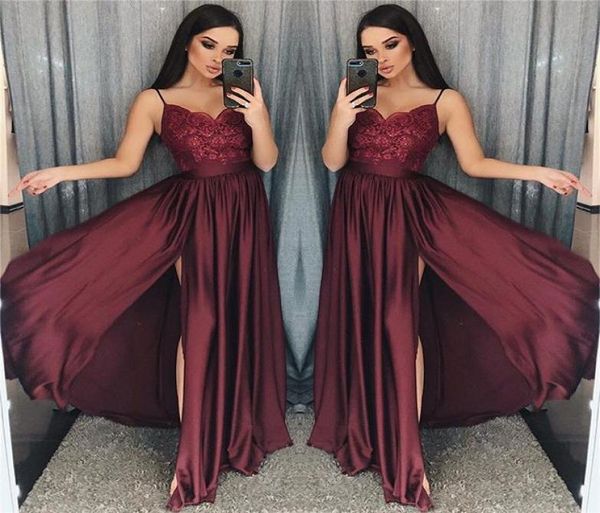 2019 maroon spaghetti straps prom dresses lace appliques a line side split elastic stain like silk formal occasion evening dr4330629, Black
2019 maroon spaghetti straps prom dresses lace appliques a line side split elastic stain like silk formal occasion evening dr4330629, Black