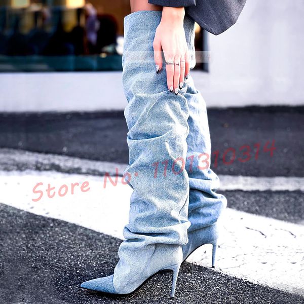 boots pointy denim thigh high boots women blue patchwork streetwear high heels pleated shoes spring trends outfit ladies boots 230714, Black
boots pointy denim thigh high boots women blue patchwork streetwear high heels pleated shoes spring trends outfit ladies boots 230714, Black