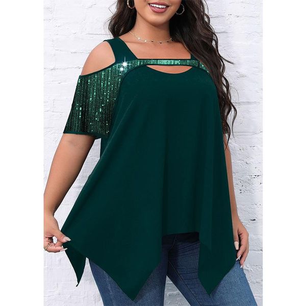 pants summer clothes for women hollow out irregular tshirt fashion oneck sequined splice short sleeve blackish green plus size top, White
pants summer clothes for women hollow out irregular tshirt fashion oneck sequined splice short sleeve blackish green plus size top, White
