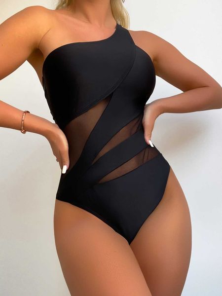 women's plain contrast mesh one shoulder one piece swimsuit, White;black