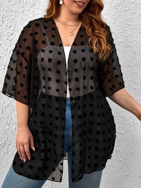 women's plus drop shoulder curved swiss dot kimono, Black 
women's plus drop shoulder curved swiss dot kimono, Black