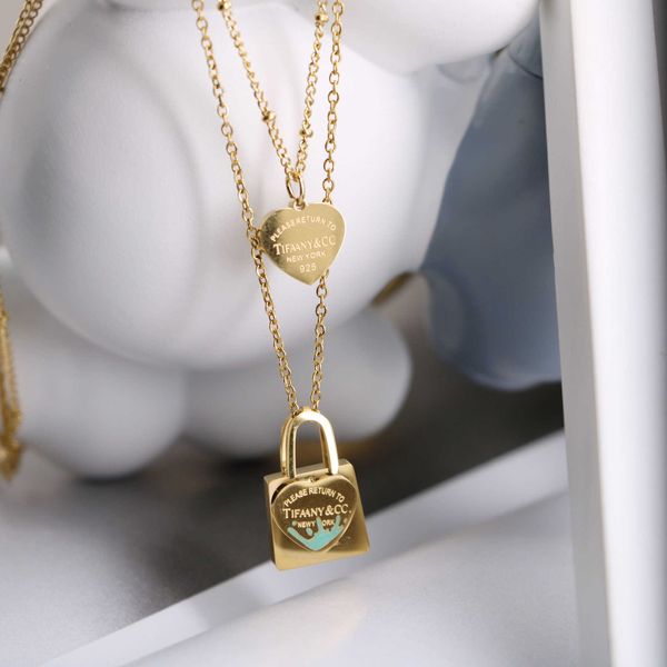 designer new titanium steel tiffay classic blue drop oil lock love double layer necklace female 18k gold sweet style clavicle chain, Silver
designer new titanium steel tiffay classic blue drop oil lock love double layer necklace female 18k gold sweet style clavicle chain, Silver