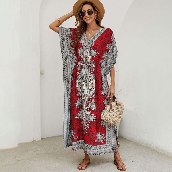beach dress printed short sleeve shoulder v neck loose drawstring split long, Black;gray
beach dress printed short sleeve shoulder v neck loose drawstring split long, Black;gray
