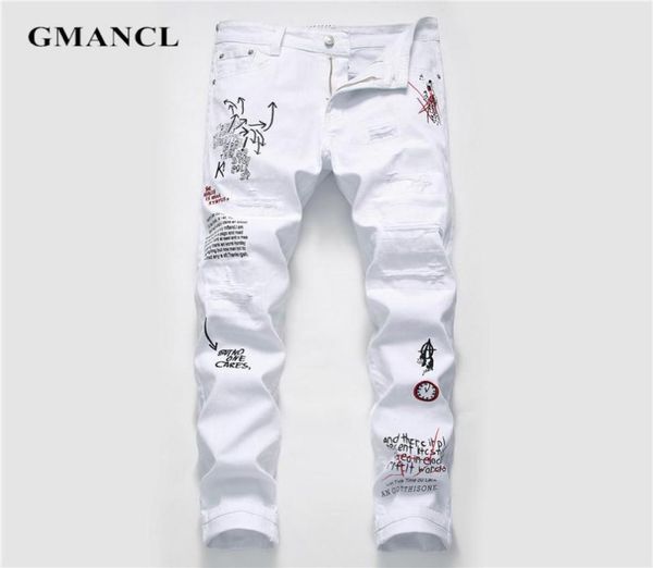new men streetwear personality ripped printed white skinny jeans hip hop punk casual motorcycle stretch denim jeans trousers cx2002135049, Blue 
new men streetwear personality ripped printed white skinny jeans hip hop punk casual motorcycle stretch denim jeans trousers cx2002135049, Blue