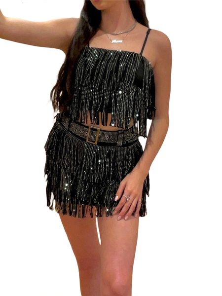 two piece dres s summer 2pcs outfit sets sleeveless sequins sling vest tassel mini skirt with belt 230715, White
two piece dres s summer 2pcs outfit sets sleeveless sequins sling vest tassel mini skirt with belt 230715, White
