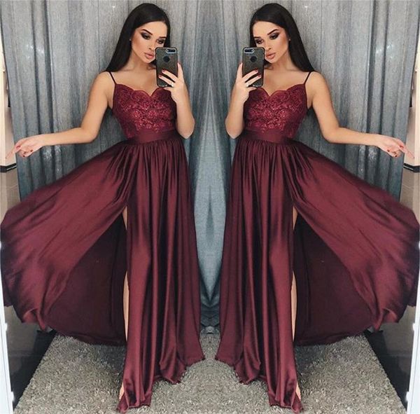 2019 maroon spaghetti straps prom dresses lace appliques a line side split elastic stain like silk formal occasion evening dr3997021, Black
2019 maroon spaghetti straps prom dresses lace appliques a line side split elastic stain like silk formal occasion evening dr3997021, Black