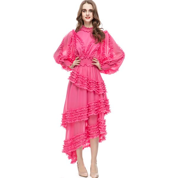women's runway dresses stand collar long lantern sleeves ruffles asymmetrical fashion elegant designer party prom gown, Black
women's runway dresses stand collar long lantern sleeves ruffles asymmetrical fashion elegant designer party prom gown, Black