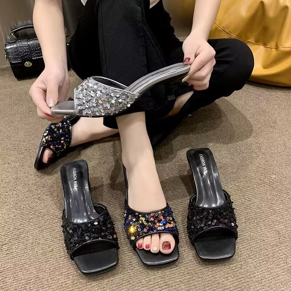 fashion sequin slippers summer noble temperament beautiful fine square head fairy casual shopping sandals, Black
fashion sequin slippers summer noble temperament beautiful fine square head fairy casual shopping sandals, Black
