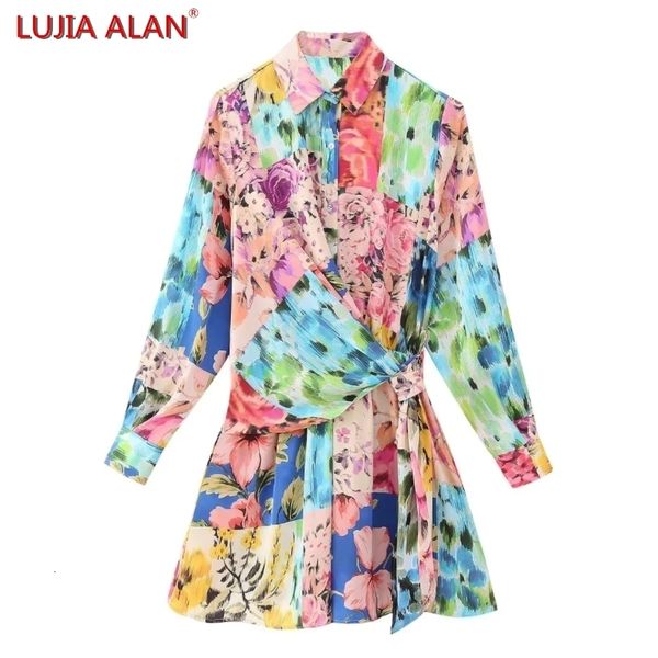 basic casual dresses summer women's patchwork printed satin shirt dress female long sleeve mini vestidos lujia alan wd2365 230715, Black;gray