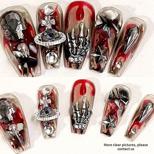 false nails punk rock skull design false nails tips halloween press on nails y2k handmade medium length coffin reusable fake nail with glue, Red;gold
false nails punk rock skull design false nails tips halloween press on nails y2k handmade medium length coffin reusable fake nail with glue, Red;gold