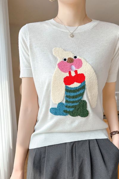 men's t shirts 2023 women's embroidered t shirt long eared rabbit refined knitted half sleeve fashion short summer clothing 230715, White;black
men's t shirts 2023 women's embroidered t shirt long eared rabbit refined knitted half sleeve fashion short summer clothing 230715, White;black