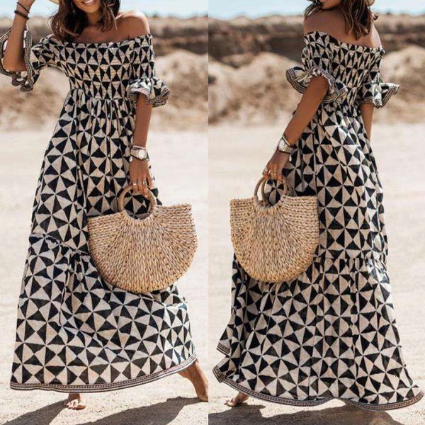 summer cross border off neck printed waist controlled long dress retro sexy, Black;gray
summer cross border off neck printed waist controlled long dress retro sexy, Black;gray