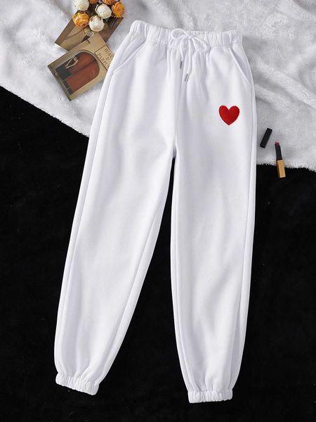 women's heart embroidery drawstring waist sweatpants, White
women's heart embroidery drawstring waist sweatpants, White