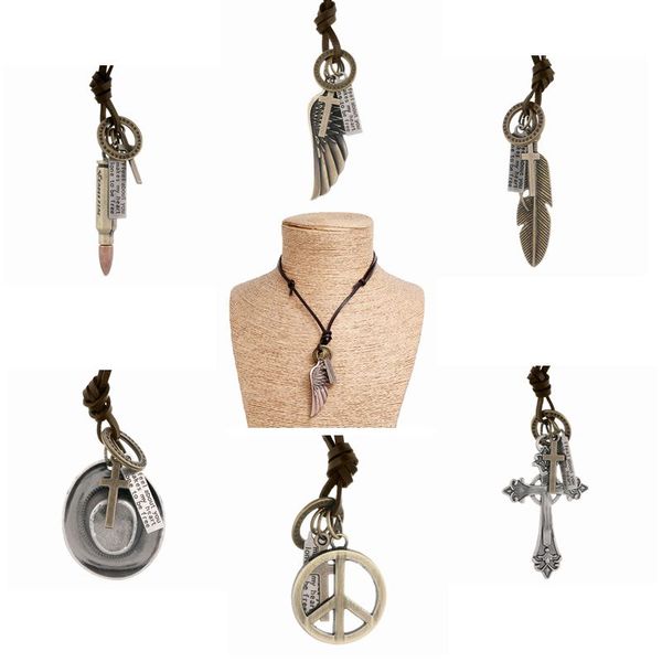 men's genuine leather necklace cord with wing feather cross pendant brown leather cords adjustable male jewelry, Silver 
men's genuine leather necklace cord with wing feather cross pendant brown leather cords adjustable male jewelry, Silver