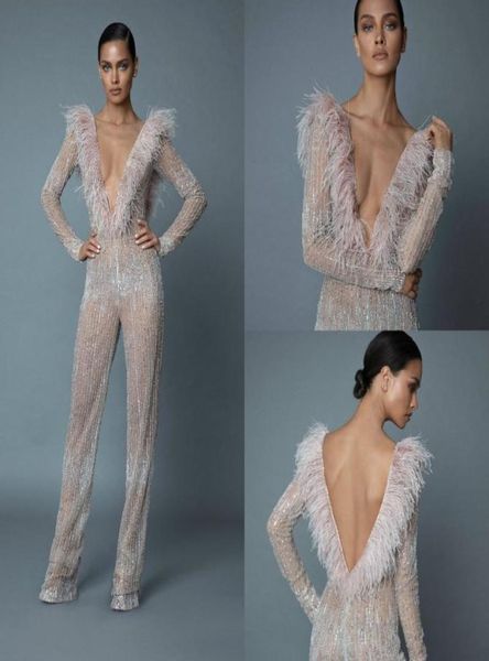 berta jumpsuits prom dresses v neck long sleeve crystal evening gowns with feathers dubai arabic party runway dress custom ma3206406, Black
berta jumpsuits prom dresses v neck long sleeve crystal evening gowns with feathers dubai arabic party runway dress custom ma3206406, Black
