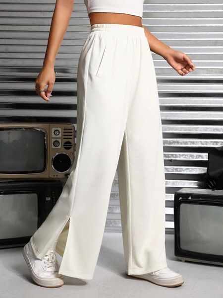 women's petite split wide leg sweatpants, White 
women's petite split wide leg sweatpants, White