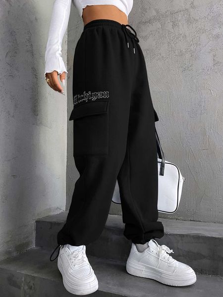 women's letter graphic pocket side drawstring waist sweatpants, White 
women's letter graphic pocket side drawstring waist sweatpants, White