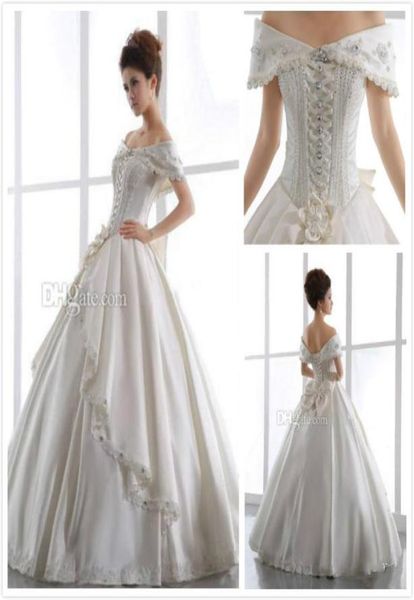 vintage ivory church wedding dresses 2015 off shoulder backless lace up beaded floor length satin ball gown sheer bridal gown bow 5699736, White
vintage ivory church wedding dresses 2015 off shoulder backless lace up beaded floor length satin ball gown sheer bridal gown bow 5699736, White
