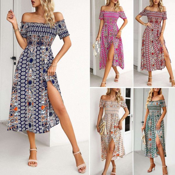 dress summer off shoulder bohemian split expansion skirt, Black;gray