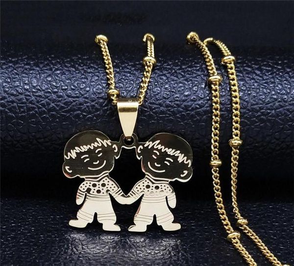 pendant necklaces 2021 fashion stainless steel two boys family necklace for women gold color chain jewelry acero inoxidable joyeri9300498, Silver 
pendant necklaces 2021 fashion stainless steel two boys family necklace for women gold color chain jewelry acero inoxidable joyeri9300498, Silver