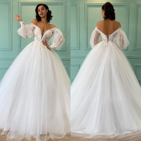 romantic a line wedding dresses off shoulder long sleeves lace appliques wedding dress lace up back long designer bridal gowns sweep train, White
romantic a line wedding dresses off shoulder long sleeves lace appliques wedding dress lace up back long designer bridal gowns sweep train, White
