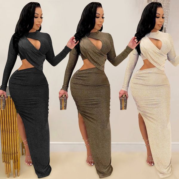 basic casual dresses elegant glitter solid ruched long women dress cut out o neck sleeve high slit evening club party robe christmas 230715, Black;gray
basic casual dresses elegant glitter solid ruched long women dress cut out o neck sleeve high slit evening club party robe christmas 230715, Black;gray