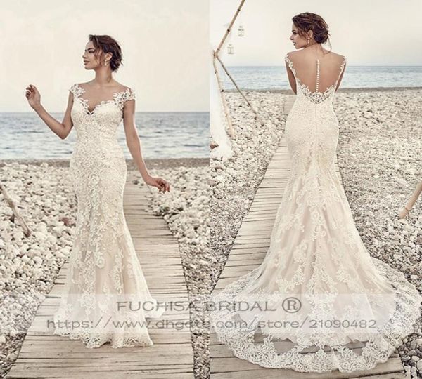 cap sleeved champagne lace wedding dress with illusion back fit to flare slim bridal dress gown custom made8608287, White
cap sleeved champagne lace wedding dress with illusion back fit to flare slim bridal dress gown custom made8608287, White