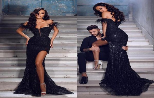 2023 black split sequins mermaid prom dresses long reception feather evening gowns african women formal party vestidos de fie7805024, Black;red
2023 black split sequins mermaid prom dresses long reception feather evening gowns african women formal party vestidos de fie7805024, Black;red