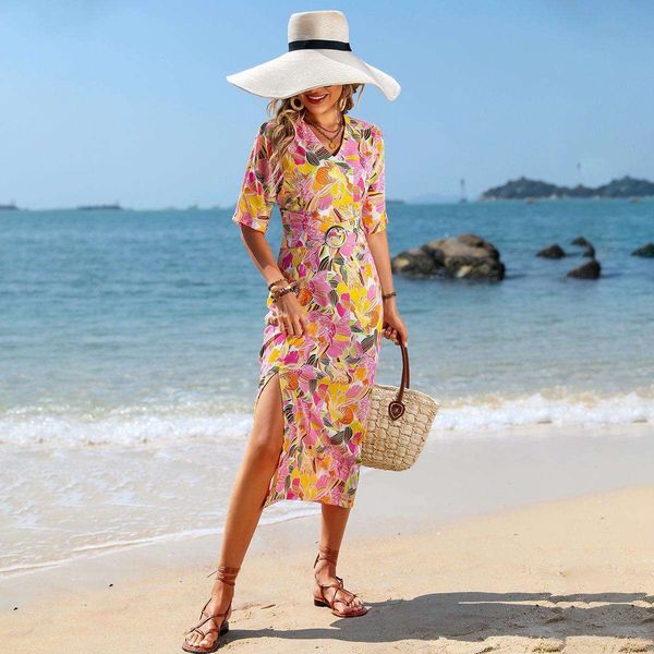 spring and summer beach tropical printing split v neck fashion short sleeve belt waist dress, Black;gray
spring and summer beach tropical printing split v neck fashion short sleeve belt waist dress, Black;gray