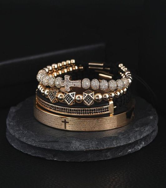 4pcsset men steel carving spanish scripture charm bangle micro zircon cross pulseira bileklik luxury handmade jewelry gift valent4771398, Golden;silver