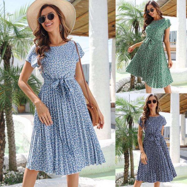 womens spring summer casual short sleeve floral tie neck dress pleated skirt, Black;gray
womens spring summer casual short sleeve floral tie neck dress pleated skirt, Black;gray