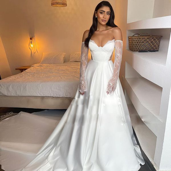 white satin a line wedding dresses lace sleeve sweetheart bride dress cut out side boho wedding gowns
white satin a line wedding dresses lace sleeve sweetheart bride dress cut out side boho wedding gowns