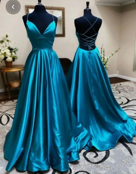 long v-neck peacock blue satin evening dresses with pockets a-line sweep train criss cross back abendkleider robes de soiree for women, Black;red
long v-neck peacock blue satin evening dresses with pockets a-line sweep train criss cross back abendkleider robes de soiree for women, Black;red