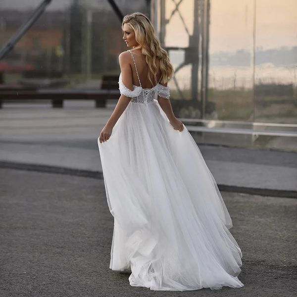glitter spaghetti strap pearls wedding bridal dress off shoulder side split bride gown lace up back, White
glitter spaghetti strap pearls wedding bridal dress off shoulder side split bride gown lace up back, White