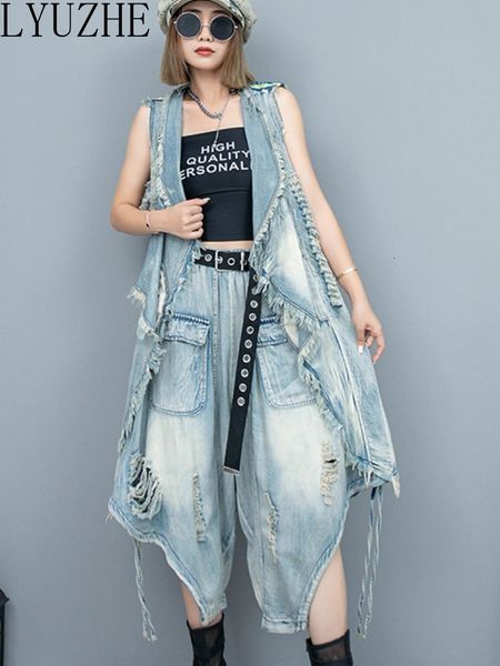 women's two piece pants lyuzhe personalized cool irregular broken thin denim vest wide leg set women 2023 summer pant zxf520a 230717, White
women's two piece pants lyuzhe personalized cool irregular broken thin denim vest wide leg set women 2023 summer pant zxf520a 230717, White